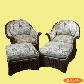 Pair of Upholstered Woven Rattan Chairs and Ottomans