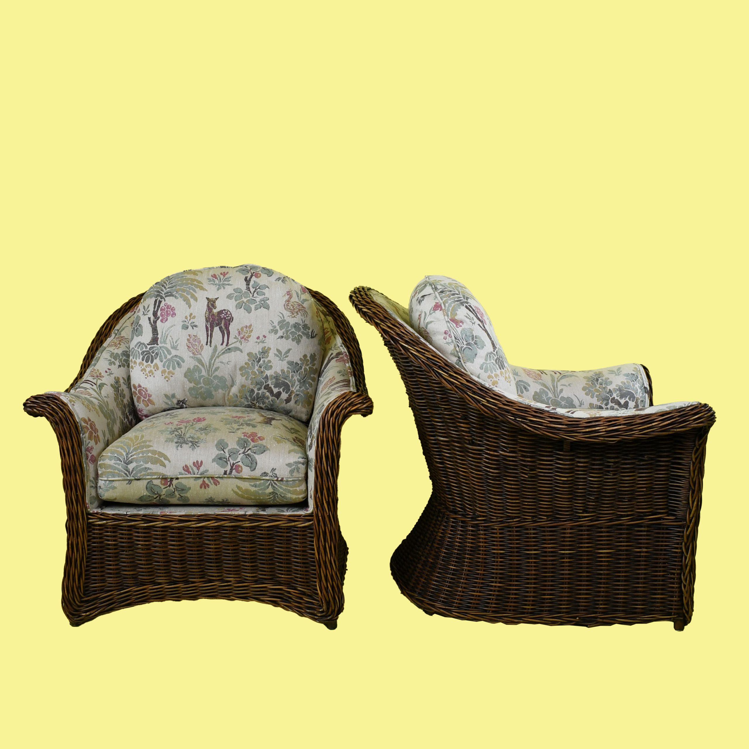 Pair of Upholstered Woven Rattan Chairs and Ottomans