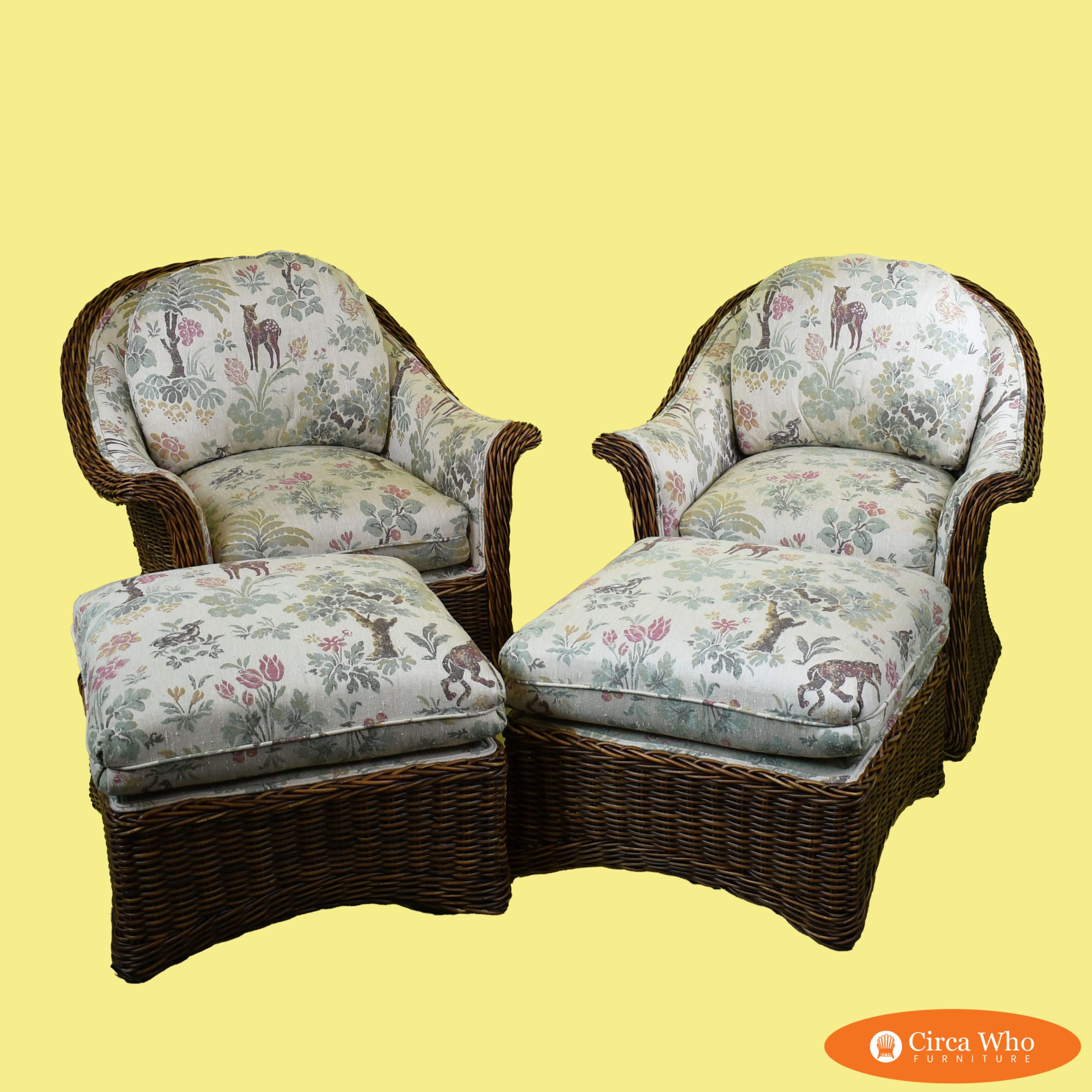 Pair of Upholstered Woven Rattan Chairs and Ottomans