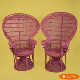 Pair of Vintage Buri Rattan Coral Peacock Chairs