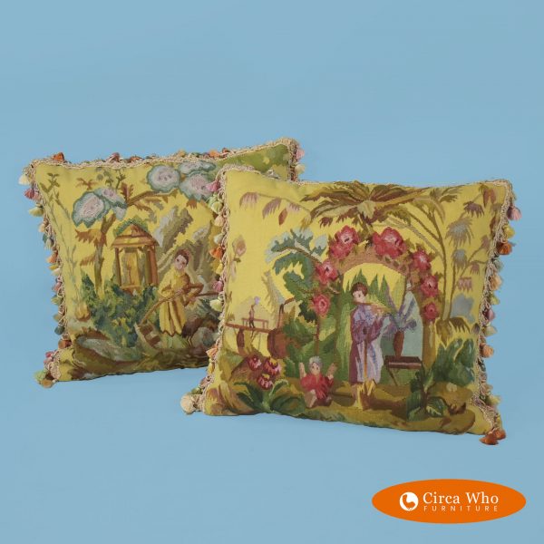 Pair of Vintage Chinoiserie Needlepoint Pillows