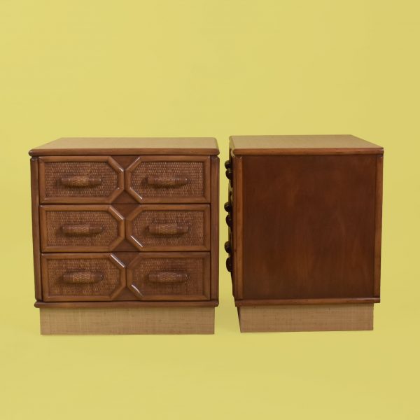 Pair of Vintage Rattan and Grasscloth Fretwork Nightstands