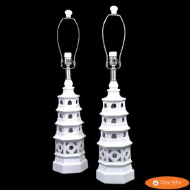 Pair of White Ceramic Pagoda Table Lamps