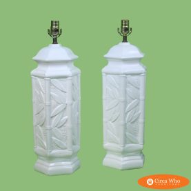Pair of White Faux Bamboo Leaves Table Lamps