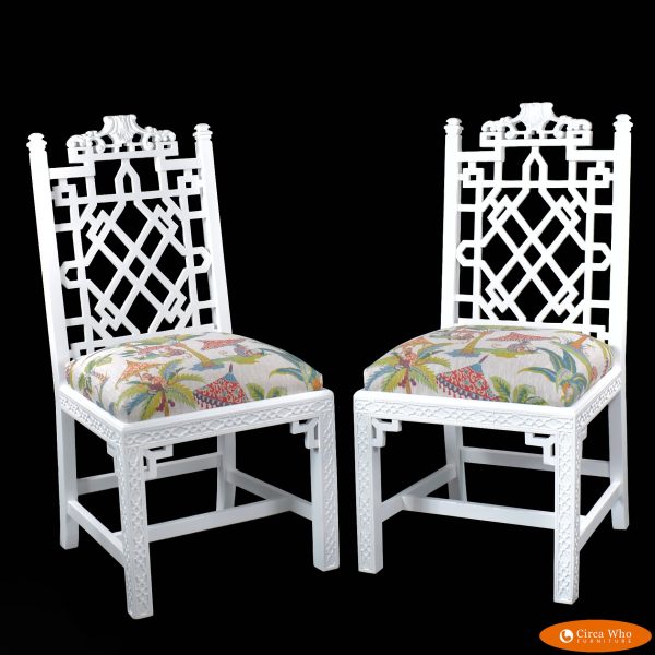 Pair of White Fretwork Pagoda Side Chairs