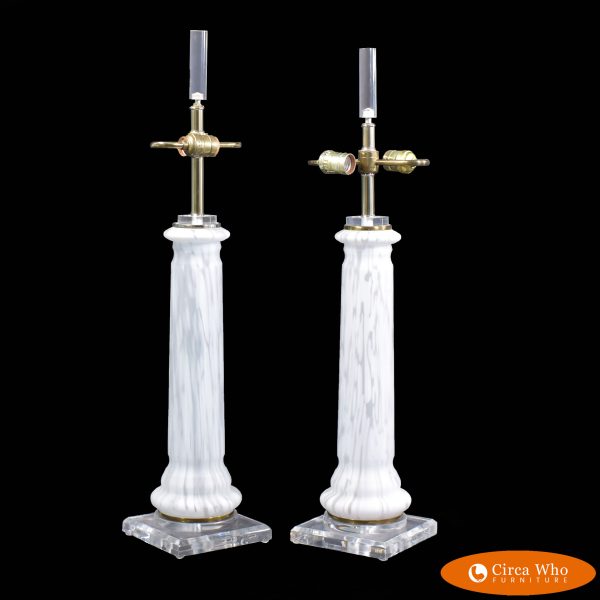 Pair of White Glass Lamps on Lucite Bases