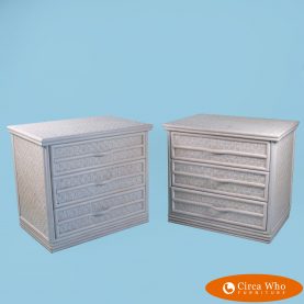 Pair of White Grasscloth and Rattan End Tables