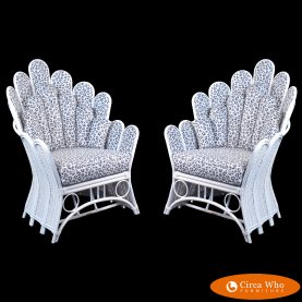 Pair of White Rattan Upholstered Palm Frond Chairs