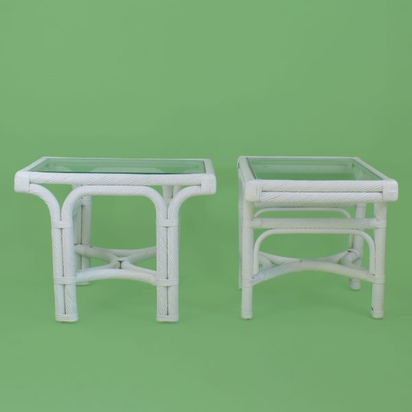 Pair of White Twisted Rattan End Tables