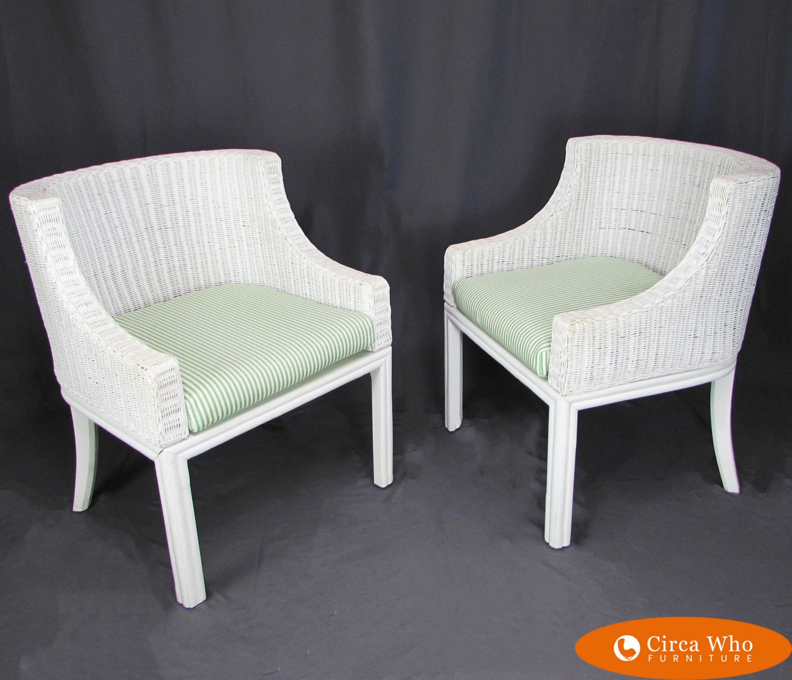 Pair of White Woven Rattan Chairs Circa Who
