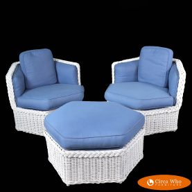 Pair of White Woven Rattan Hexagonal Chairs and Ottoman by Brown Jordan
