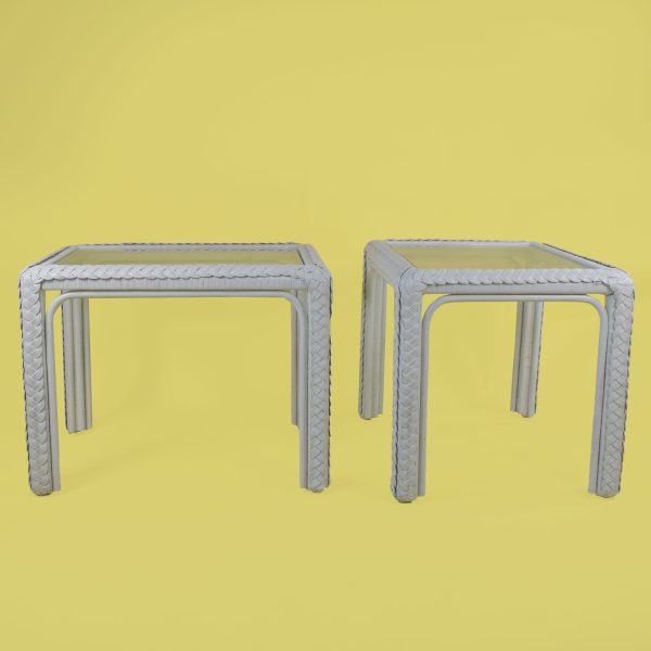 Pair of White Woven Rattan Side Tables