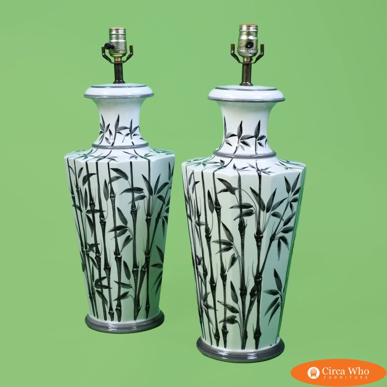 Pair of White and Black Bamboo Table Lamps
