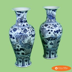 Pair of White and Blue Fish Ceramic Vases