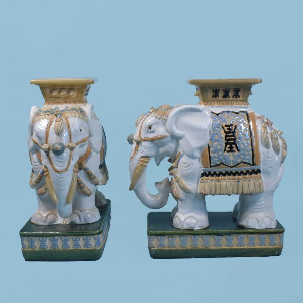 Pair of White and Green Ceramic Elephants