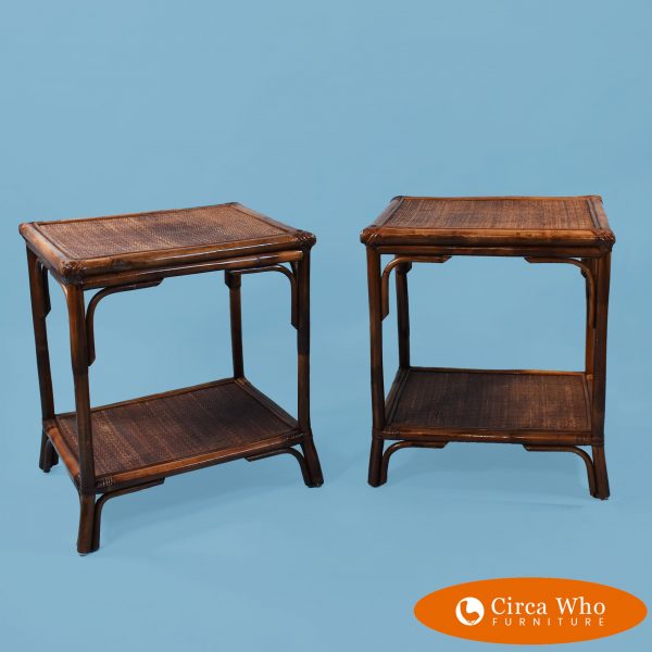 Pair of Woven Rattan Bamboo Side Tables natural vintage color