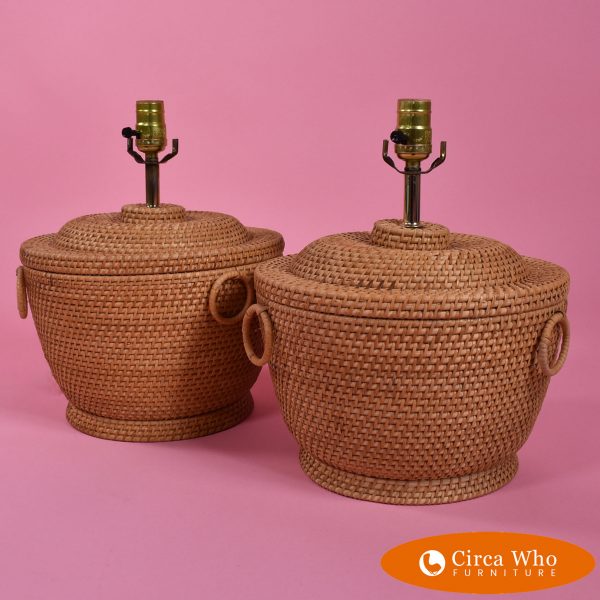 Pair of Woven Rattan Basket lamps