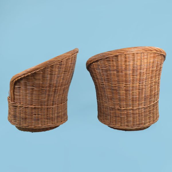 Pair of Woven Rattan Channel Back Swivel Chairs