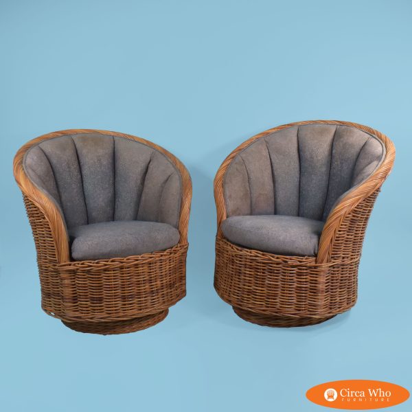 Pair of Woven Rattan Channel Back Swivel Chairs