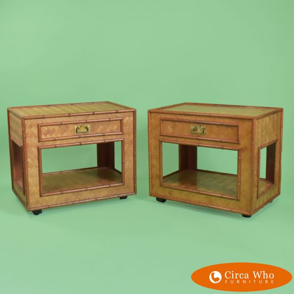 Pair of Woven Rattan End Tables in Casters