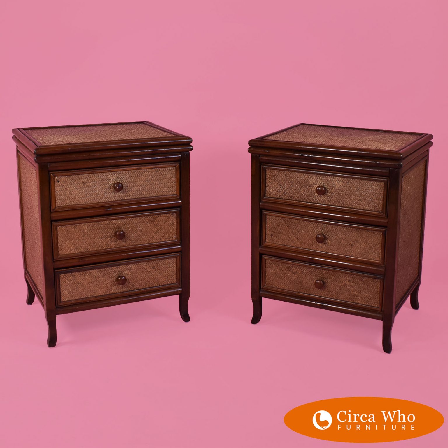 Pair of Woven Rattan Nightstands Circa Who