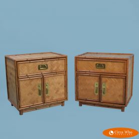 Pair of Woven Rattan Nightstands With Brass Accents