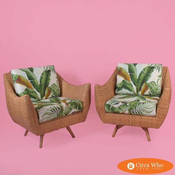 Pair of Woven Rattan Swivel Chairs