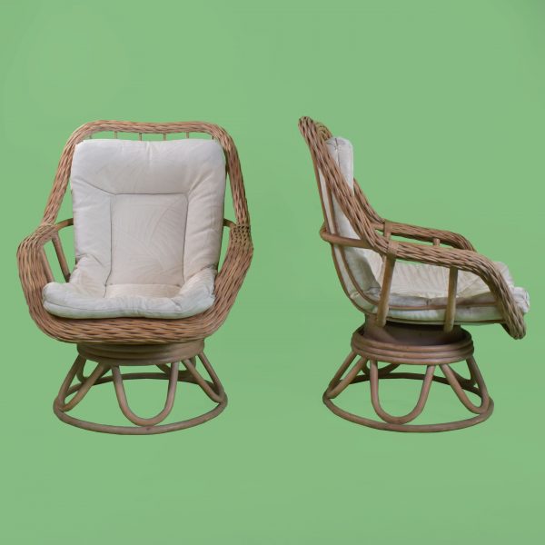 Pair of Woven Rattan Swivel Lounge Chairs