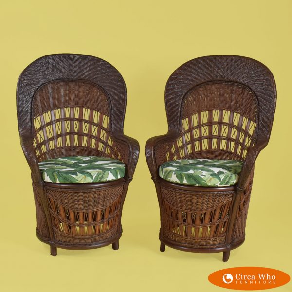 Pair of Woven Rattan Throne Chairs
