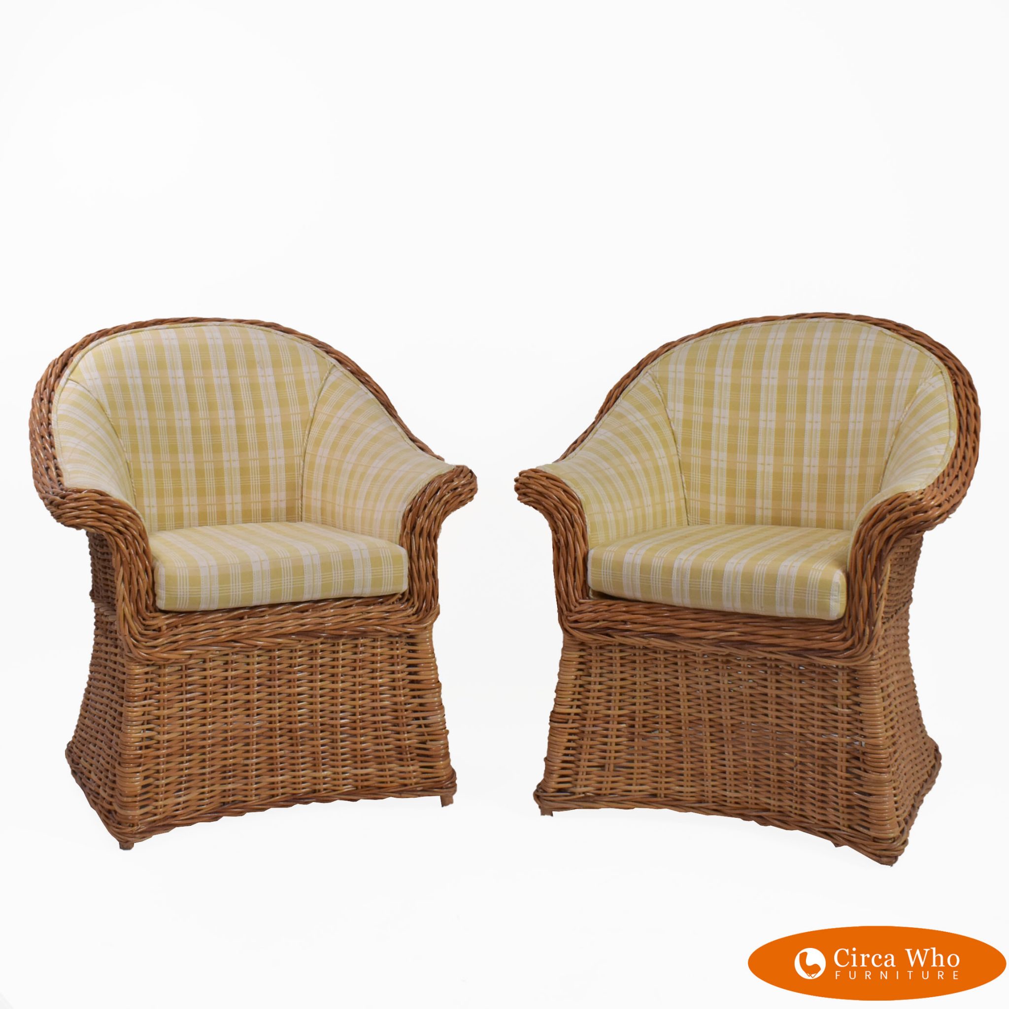 Pair of Woven Rattan Upholstered Chairs Circa Who