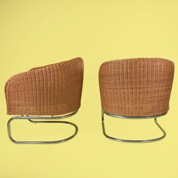 Pair of Woven Rattan and Chrome Barrel Chairs