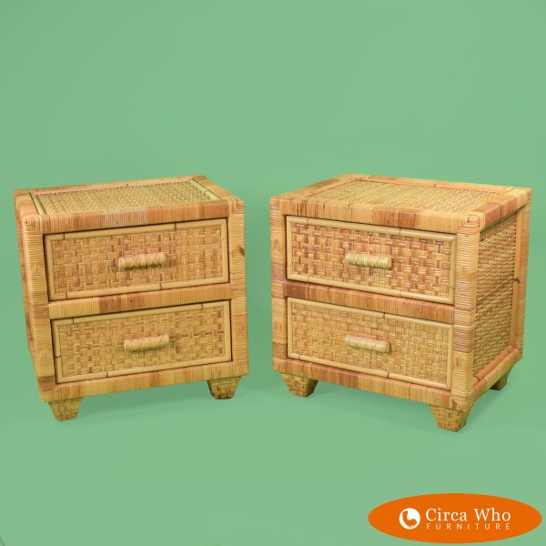 Pair of Woven and Wrapped Rattan Nightstands