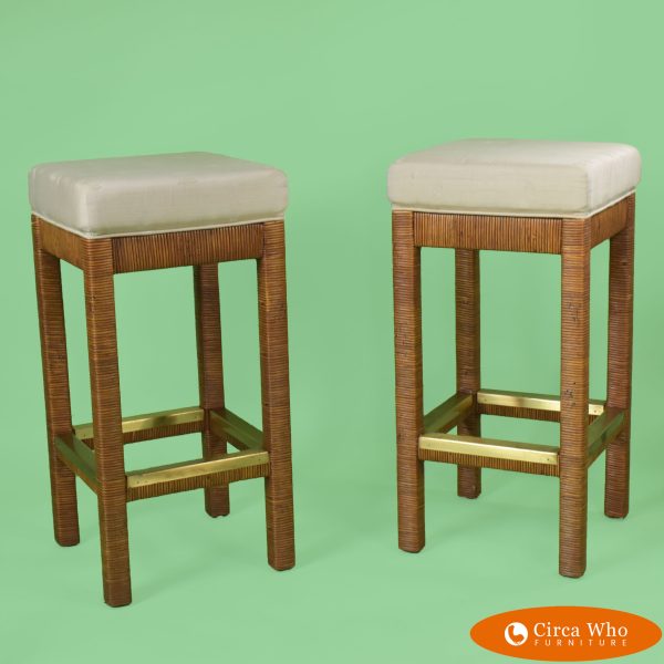 Pair of Wrapped Rattan Bar Stools by Henry Link