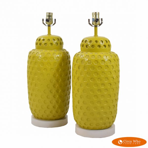 Pair of Yellow Faux Cane Ginger Jar Lamps