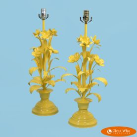 Pair of Yellow Tole Floral Lamps