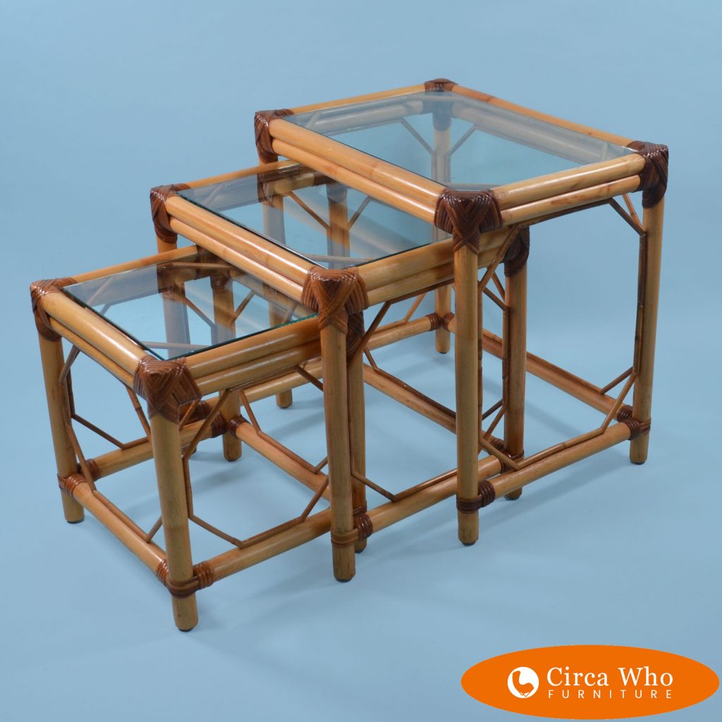 Rattan Bamboo Nesting Tables Set of 3 Circa Who