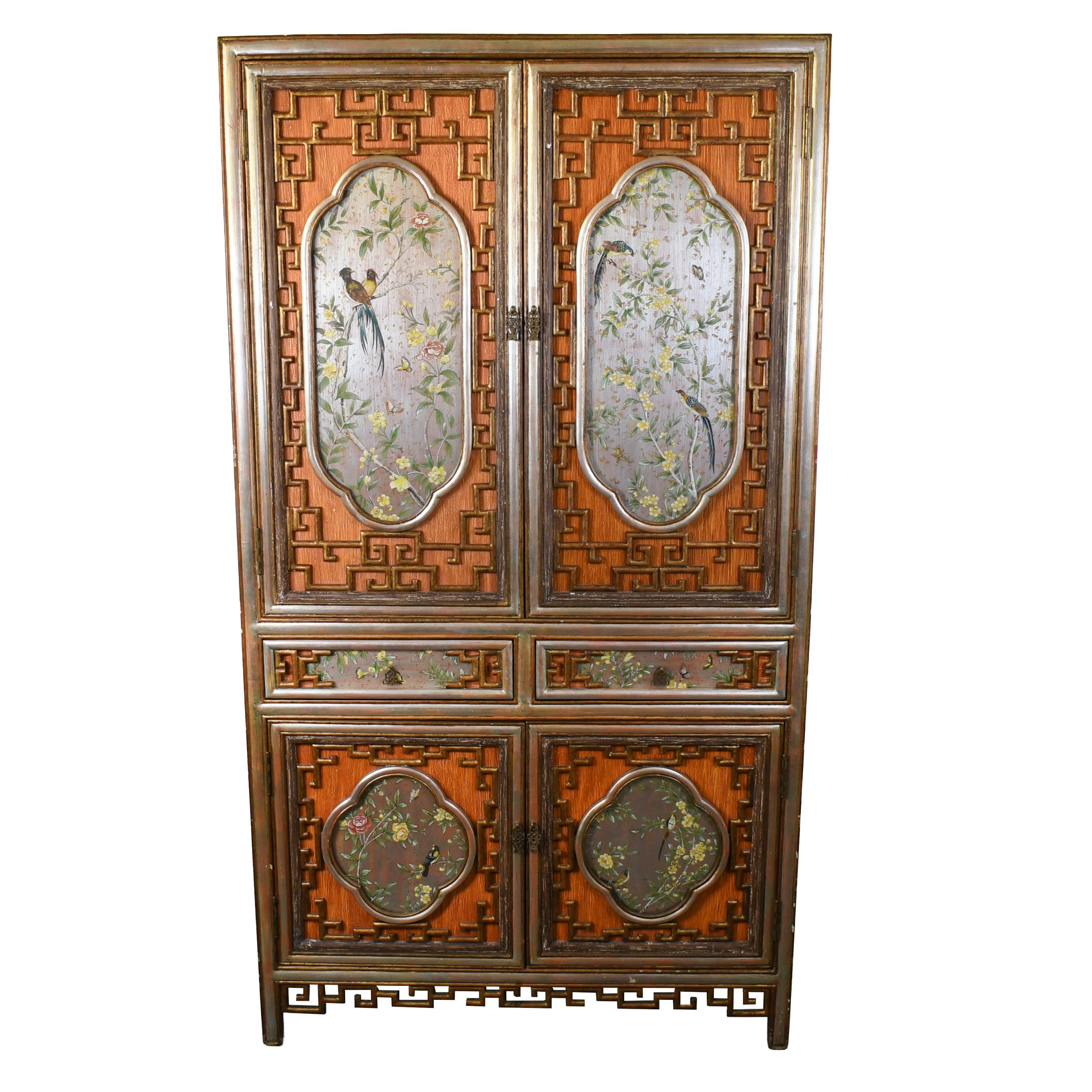 Reverse Mirror Painted Chinoiserie Armoire