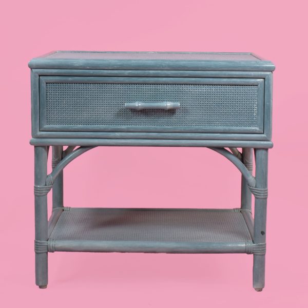 Seafoam Ficks Reed Style Rattan and Grasscloth Nightstands