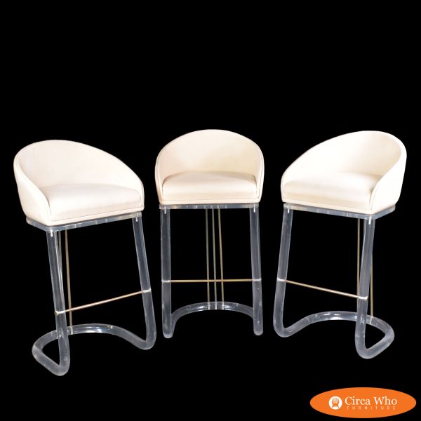 Set of 3 Lucite and Brass Barstools by Lion in Frost