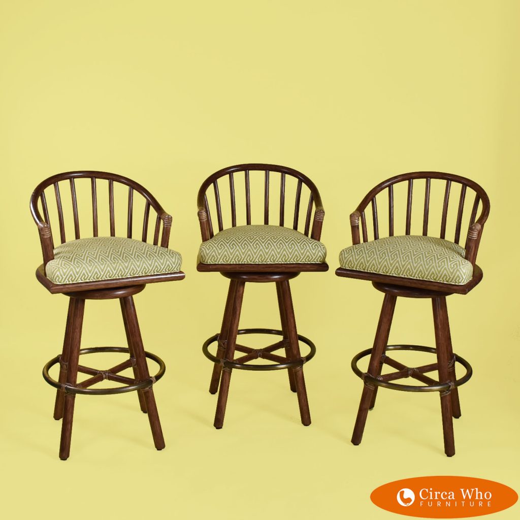 Set of 3 Swivel Rattan McGuire Bar Stools Circa Who