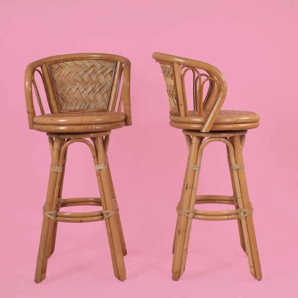 Set of 3 Woven Rattan and Bamboo Barstools