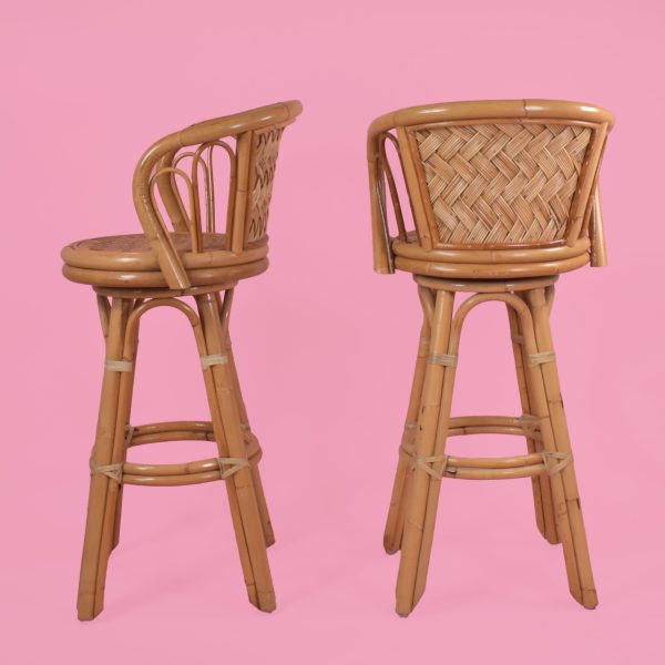 Set of 3 Woven Rattan and Bamboo Barstools