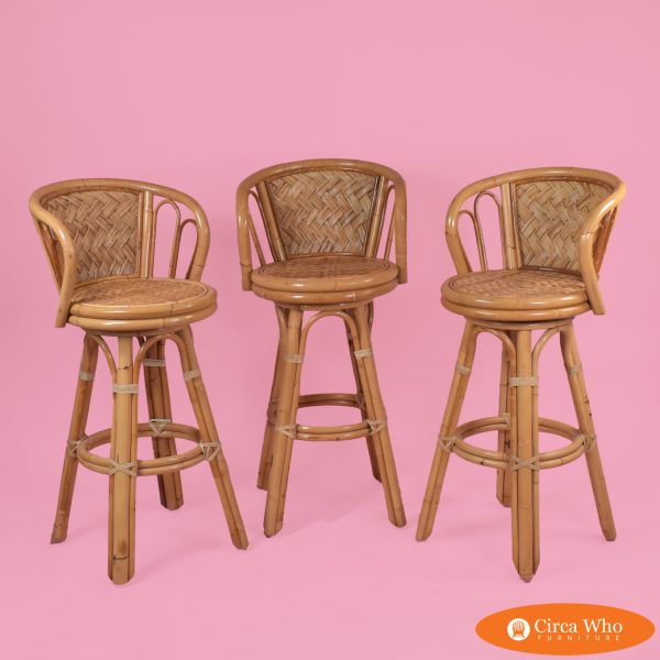 Set of 3 Woven Rattan and Bamboo Barstools