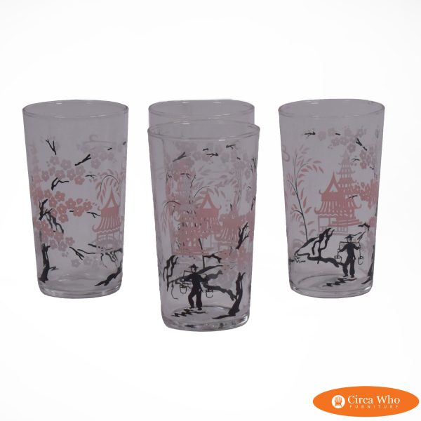 Set of 4 1950's Libbey Japanese Cherry Blossom Glasses