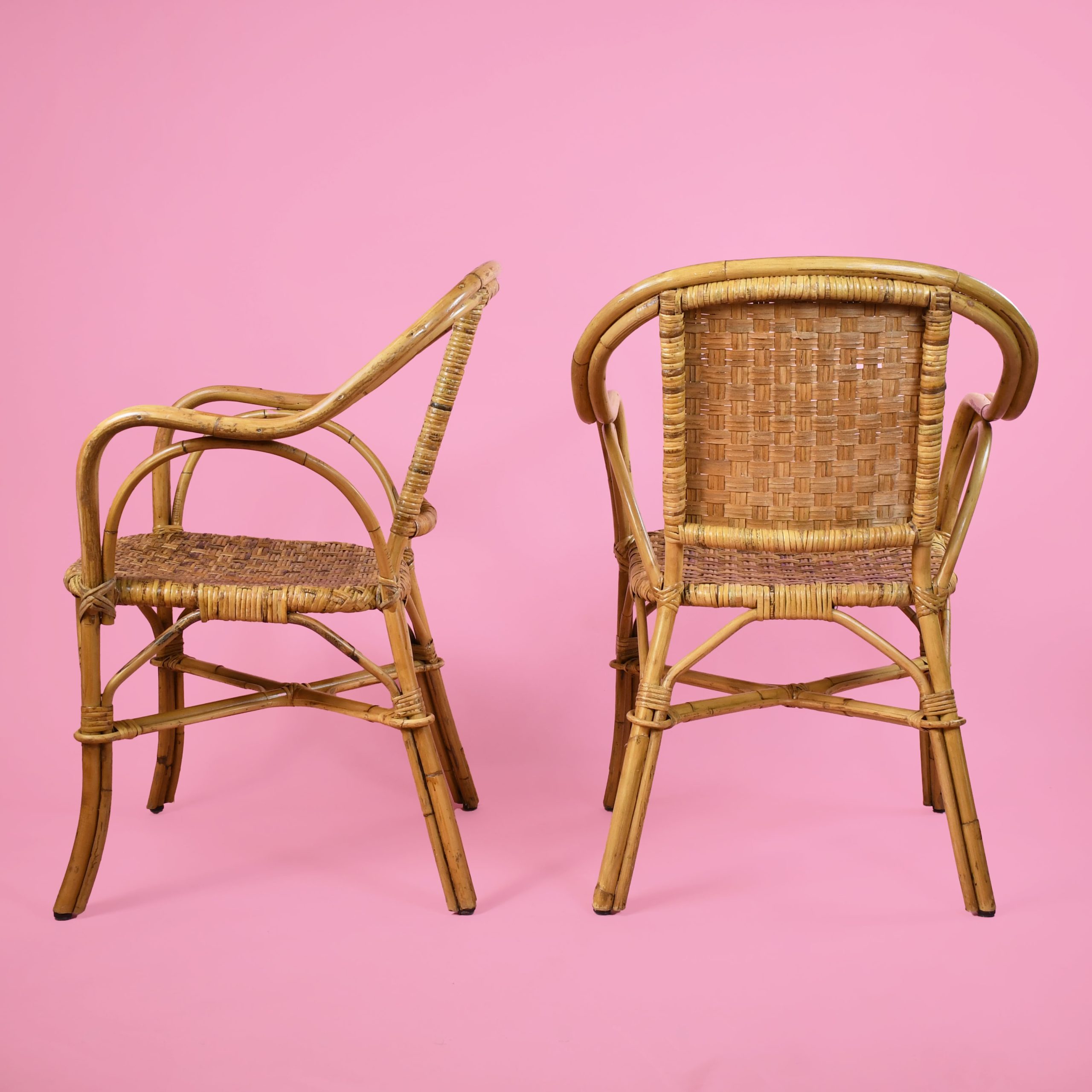 Set of 4 Bamboo and Woven Rattan Arm Chairs