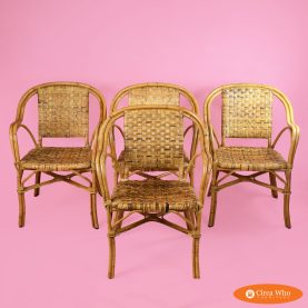 Set of 4 Bamboo and Woven Rattan Arm Chairs