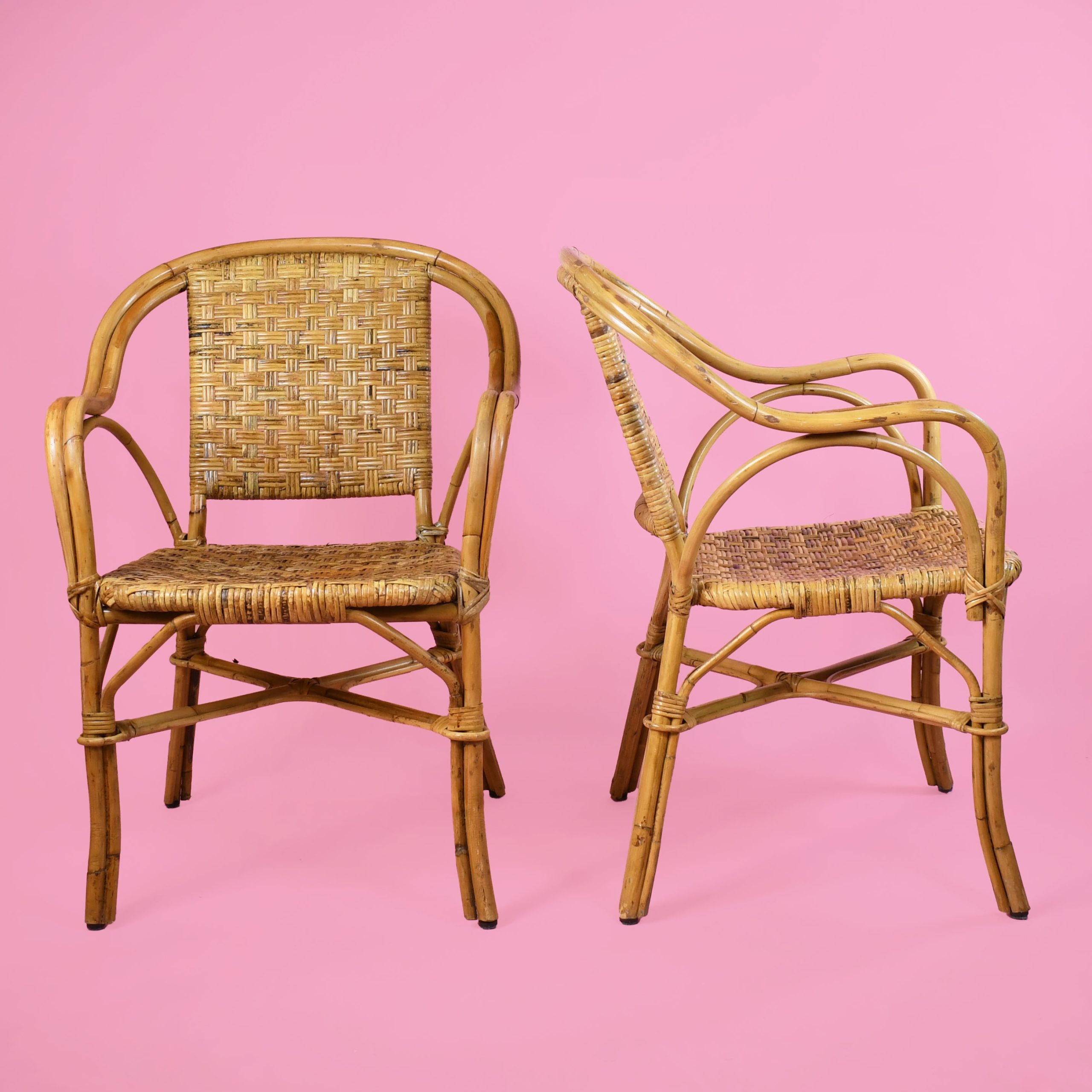 Set of 4 Bamboo and Woven Rattan Arm Chairs