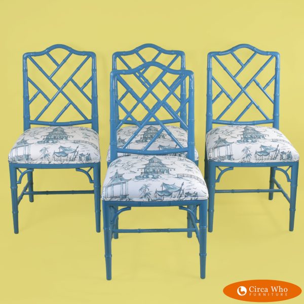 Set of 4 Faux Bamboo Blue Chippendale Chairs