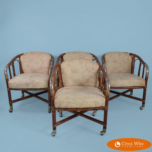 Set of 4 Hollywood Regency Rattan Chairs in Casters