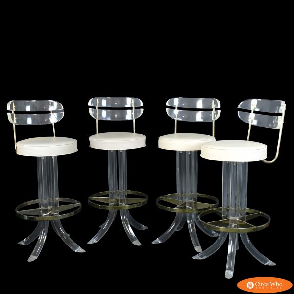 Set of 4 Lucite and Brass Swivel Barstools